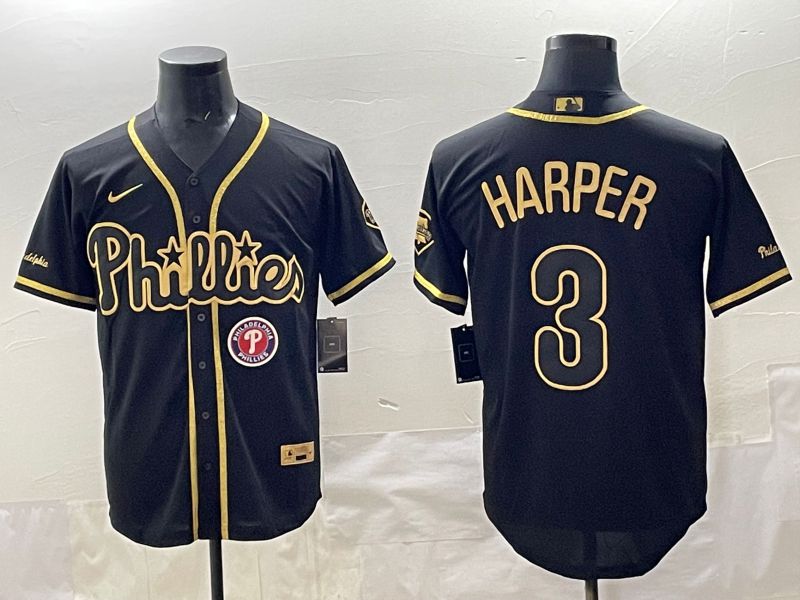 Men 2025 Philadelphia Phillies #3 Harper Black Gold Throwback Nike MLB Jersey style 004